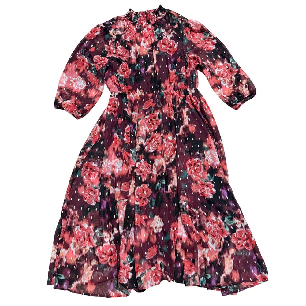 Torrid Chiffon Dress Plus 1X Floral Print Mock Neck Smocked Waist Midi Burgundy - Picture 4 of 8